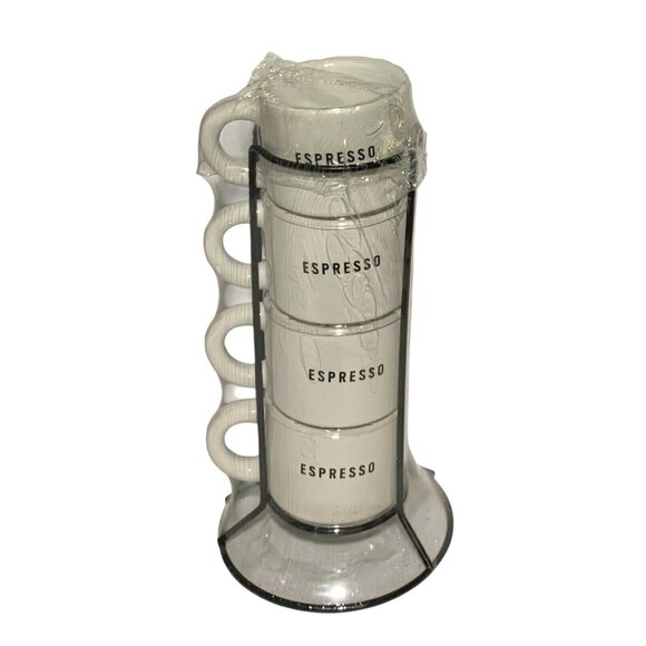 Espresso Ceramic Set 5 Pieces Stackable Mugs with Wire Holder - Picture 2 of 3